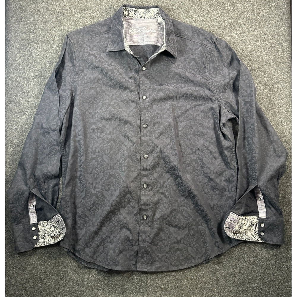 Robert Graham Mens XL Black Damask Jacquard Long Sleeve Button Down Shirt